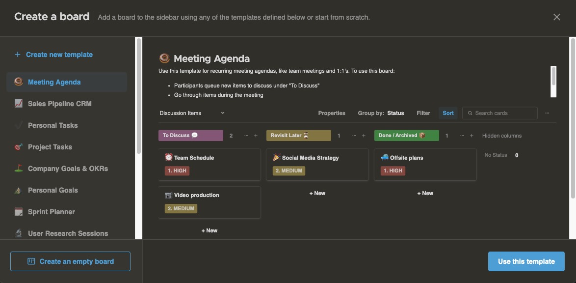 Focalboard Board screen