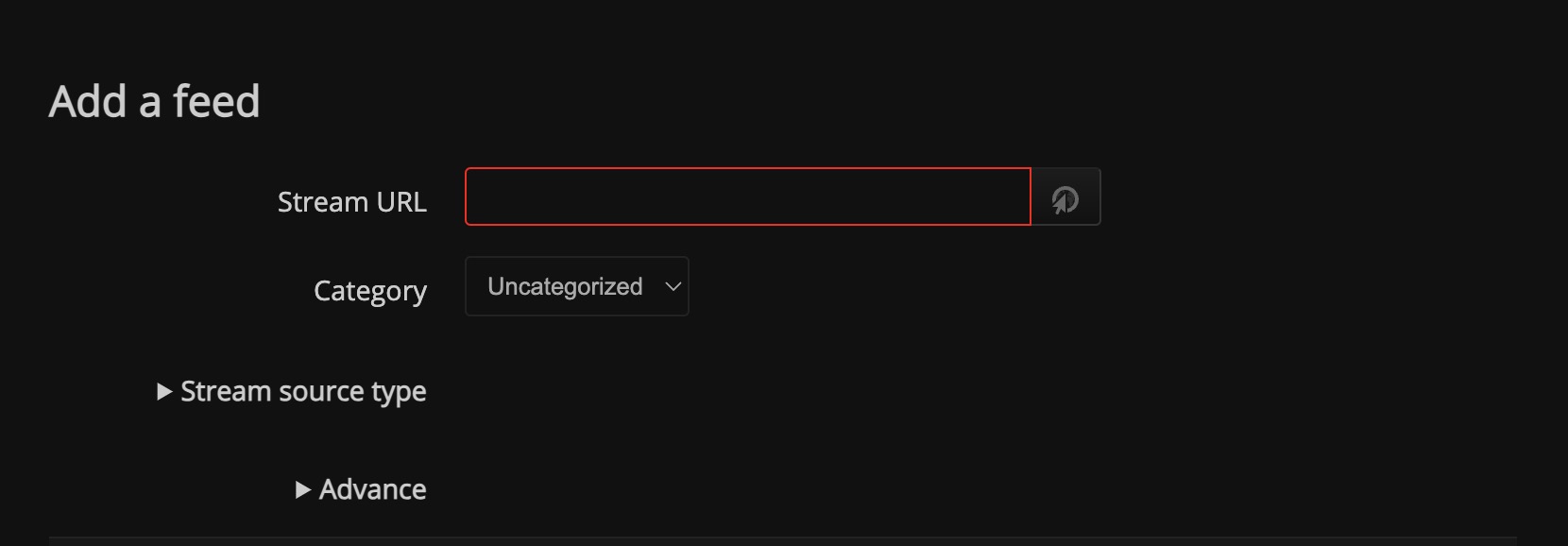 FreshRSS Adding Feed screen