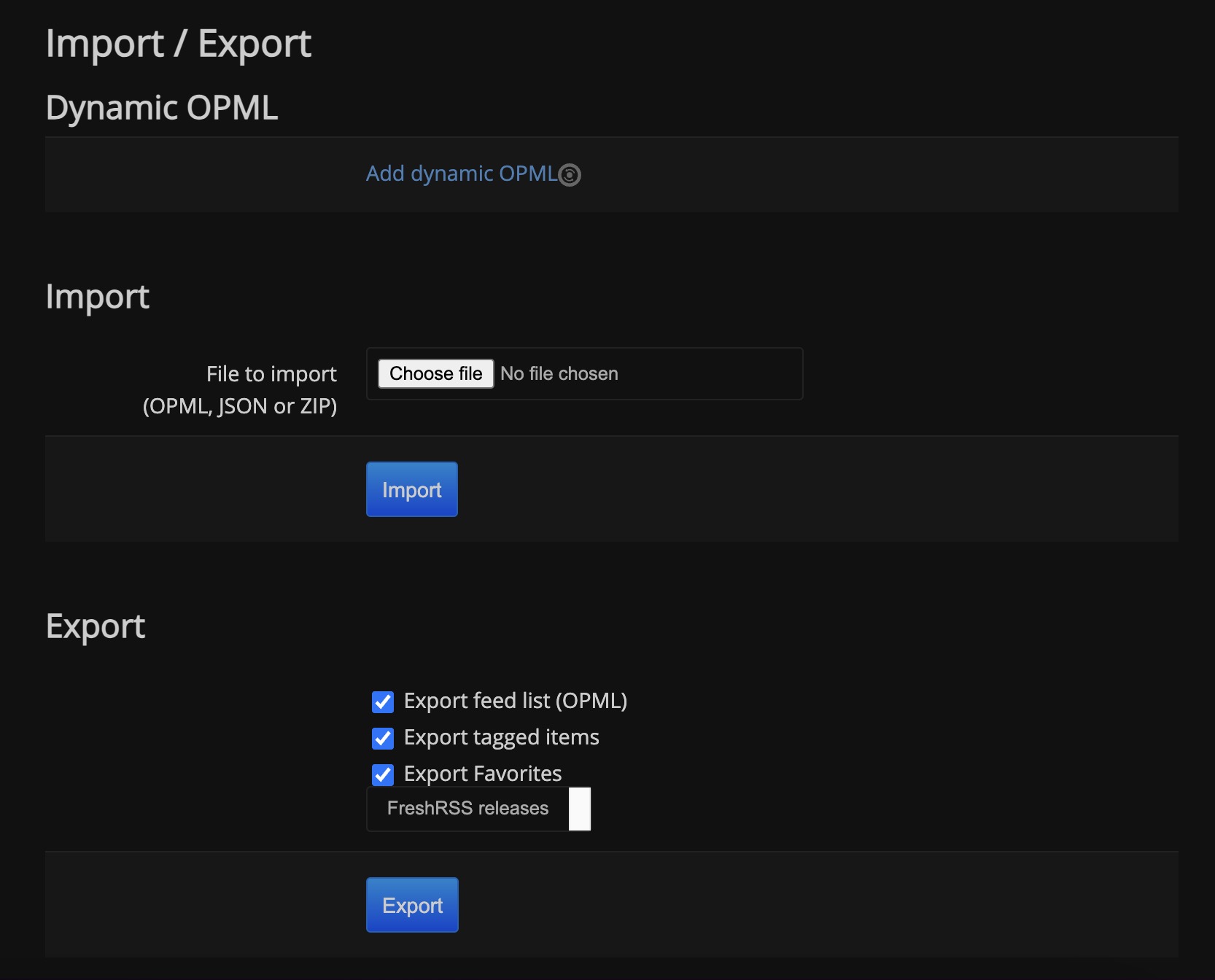 FreshRSS Import & Export screen