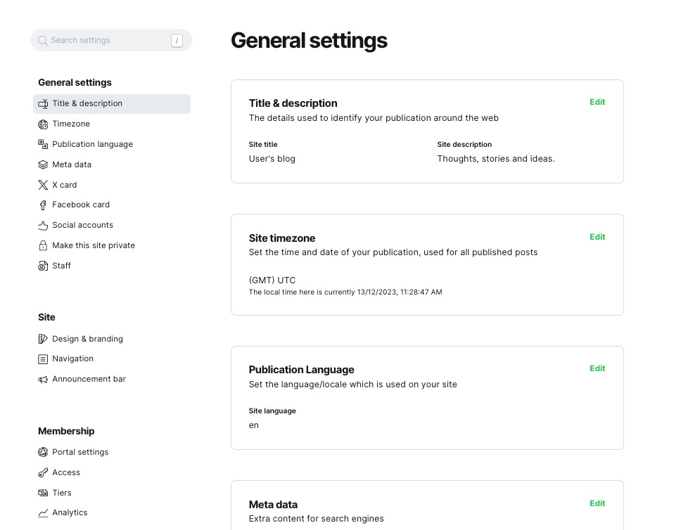 Ghost site settings screen