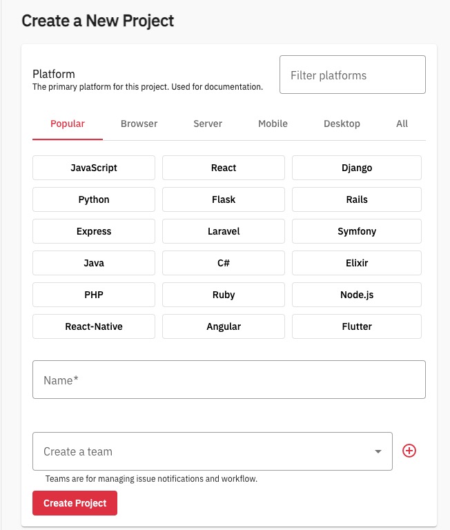 GlitchTip Creating Project screen