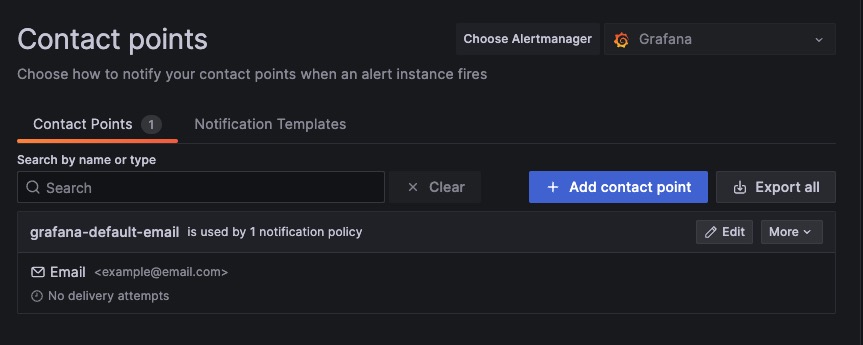 Grafana Contact screen