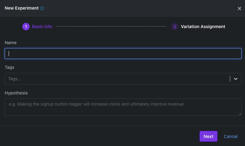 GrowthBook Creating Experiment screen