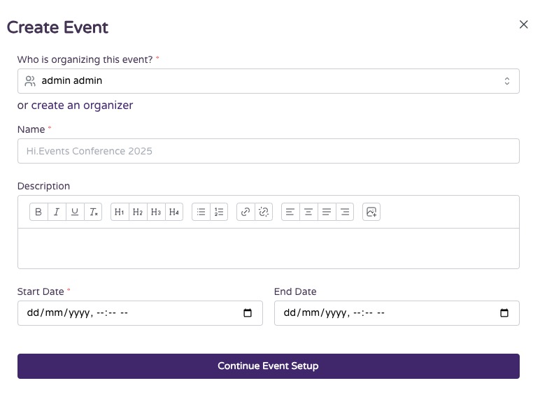 Hi-Events Create Event screen