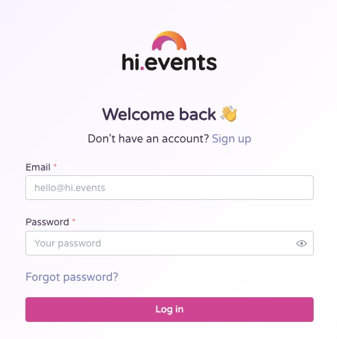 Hi-Events Login screen