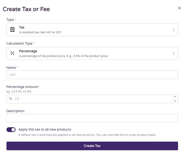 Hi-Events Create Tax and Fee screen