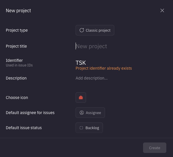 Huly New Project screen
