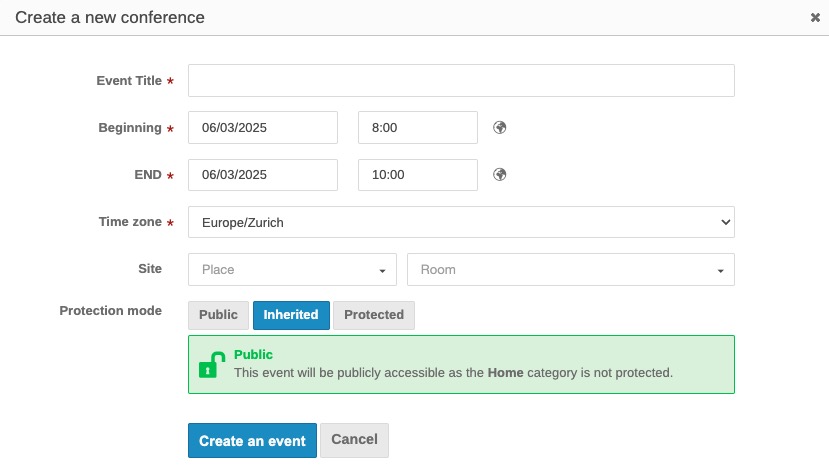 Indico Creating New Conference screen