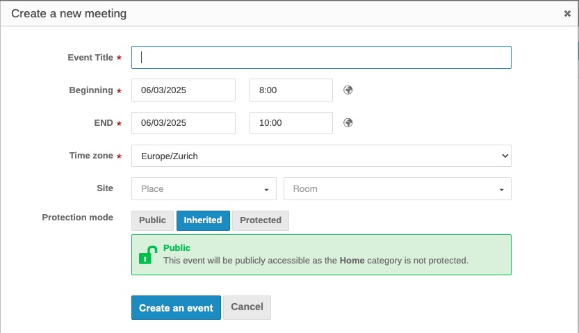 Indico Creating Meeting screen