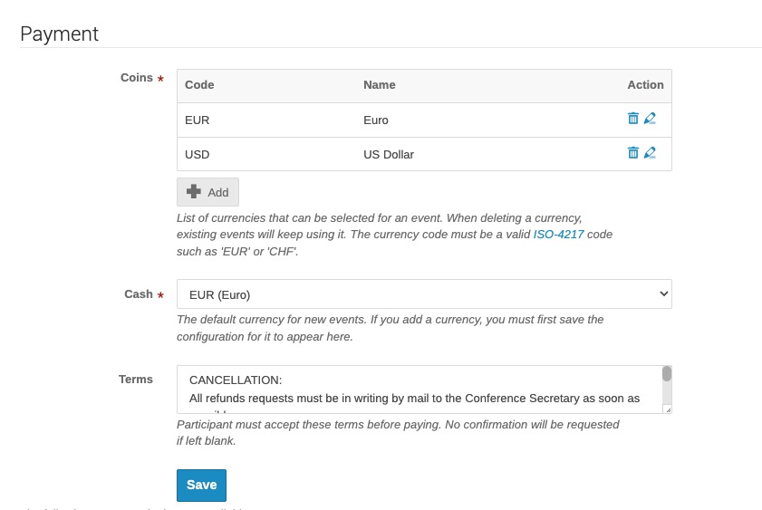 Indico Payment screen