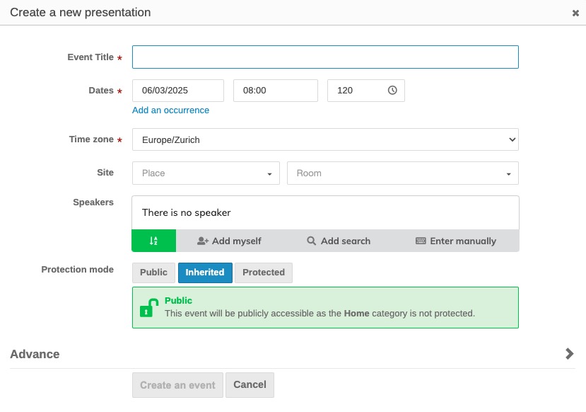 Indico Creating Presentation screen