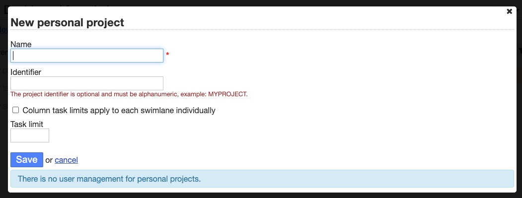 Kanboard Personal Project screen
