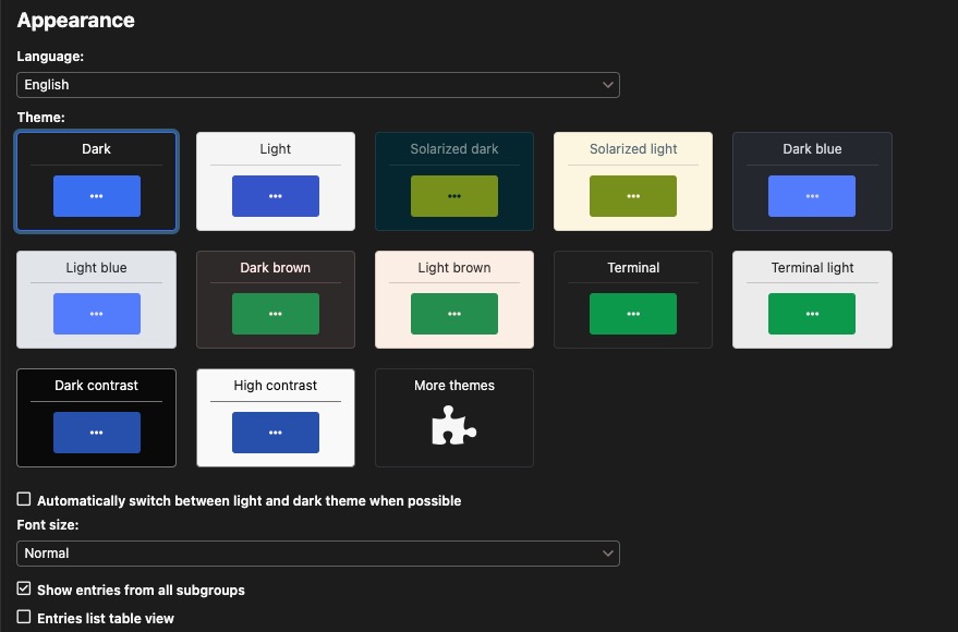 Keeweb Appearance screen