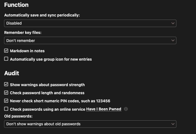 Keeweb Function screen