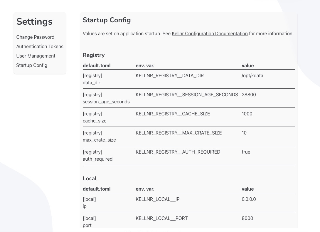 Kellnr Startup Config screen