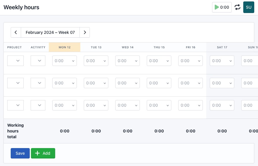 Kimai Weekly Hours Screen