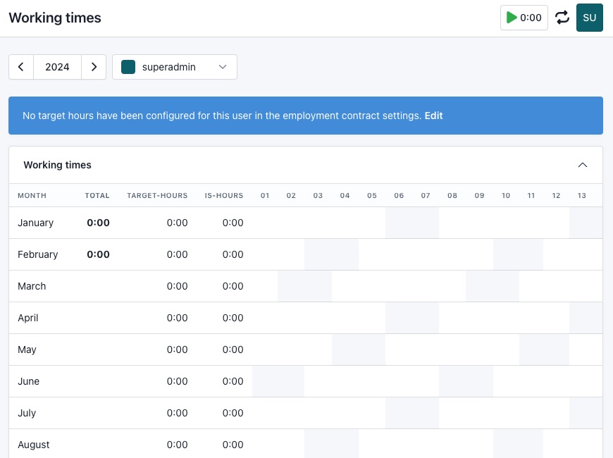 Kimai Working Time Screen