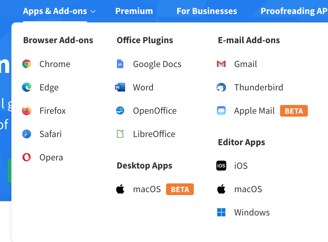 LanguageTool apps screen