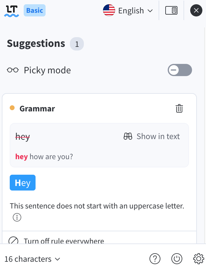 LanguageTool suggestions screen