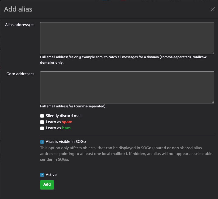 Mailcow Alias Screen