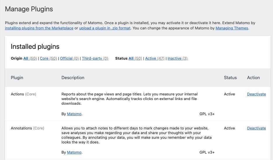 Matomo Plugins Screen