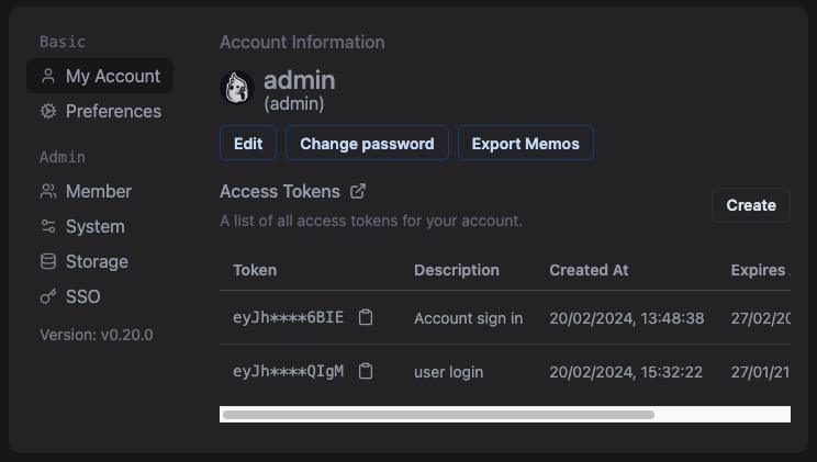 Memos Settings Screen