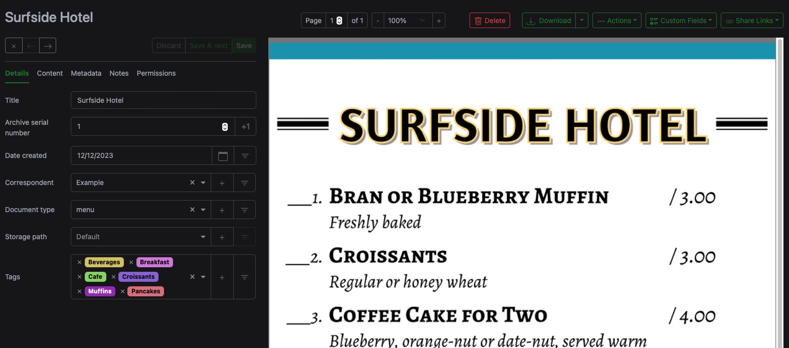 Paperless-ngx other details screen