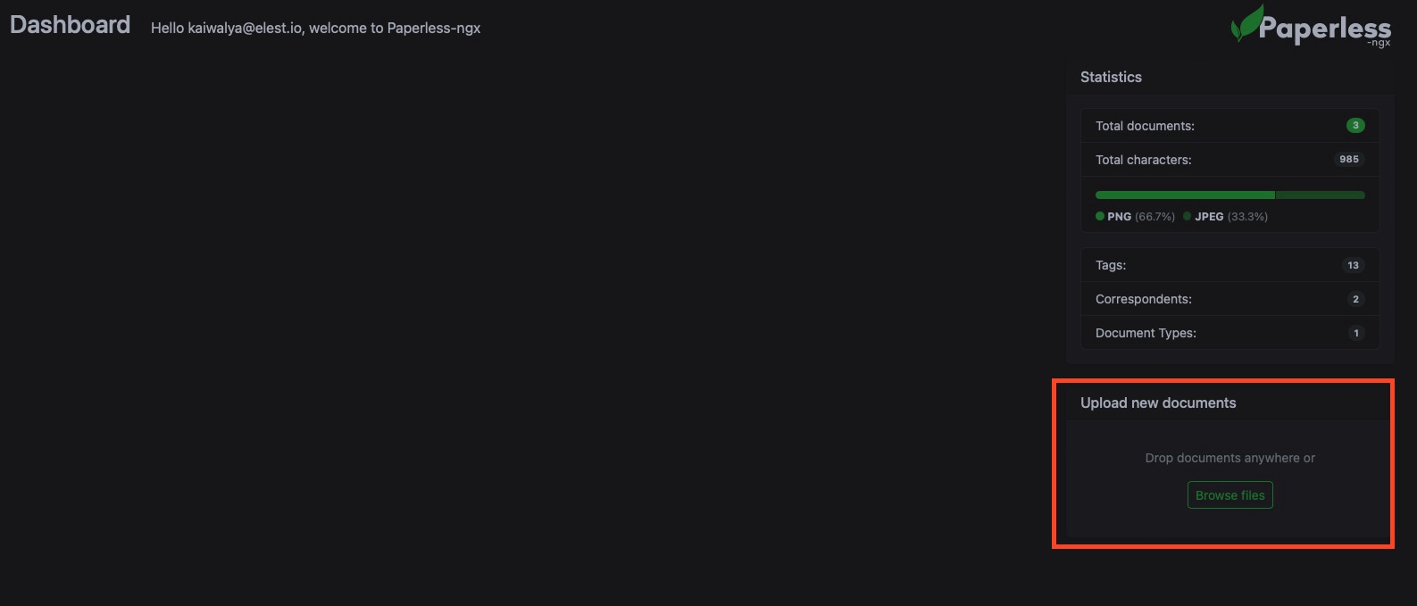 Paperless-ngx upload new document screen