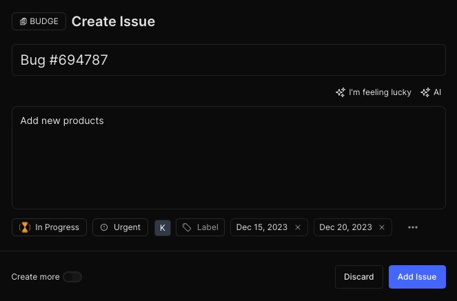 Plane issue creation screen