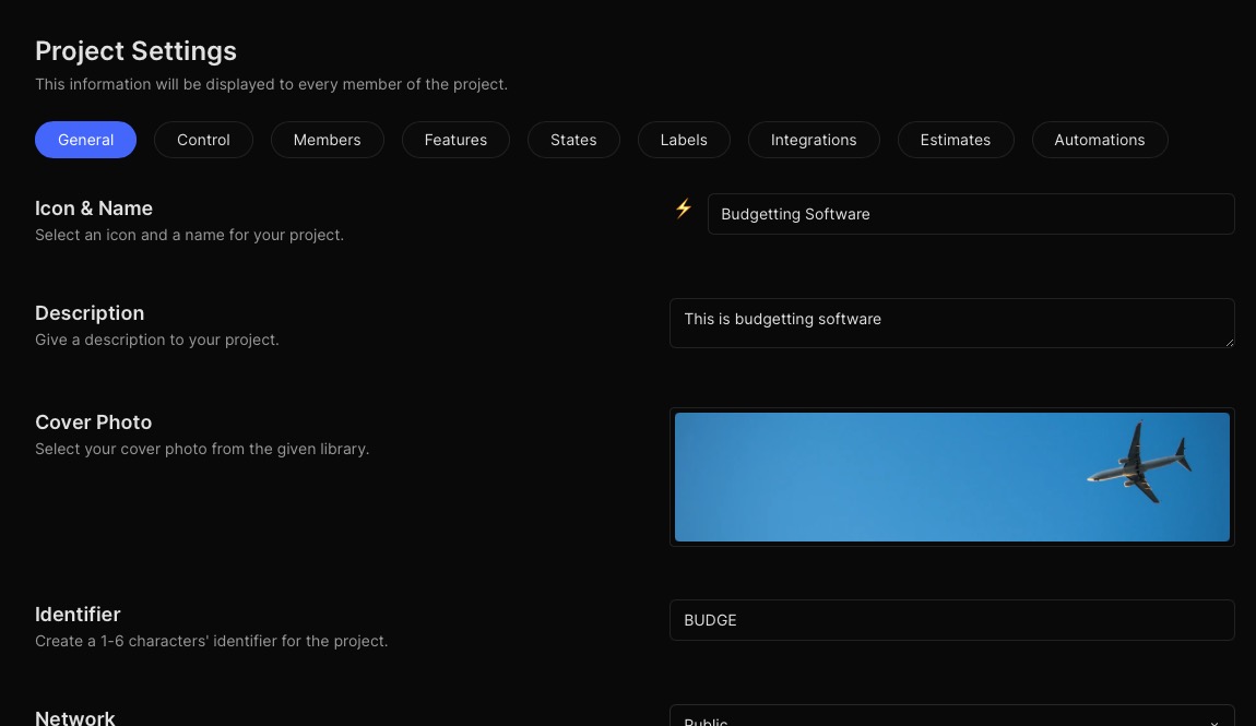 Plane project setting screen