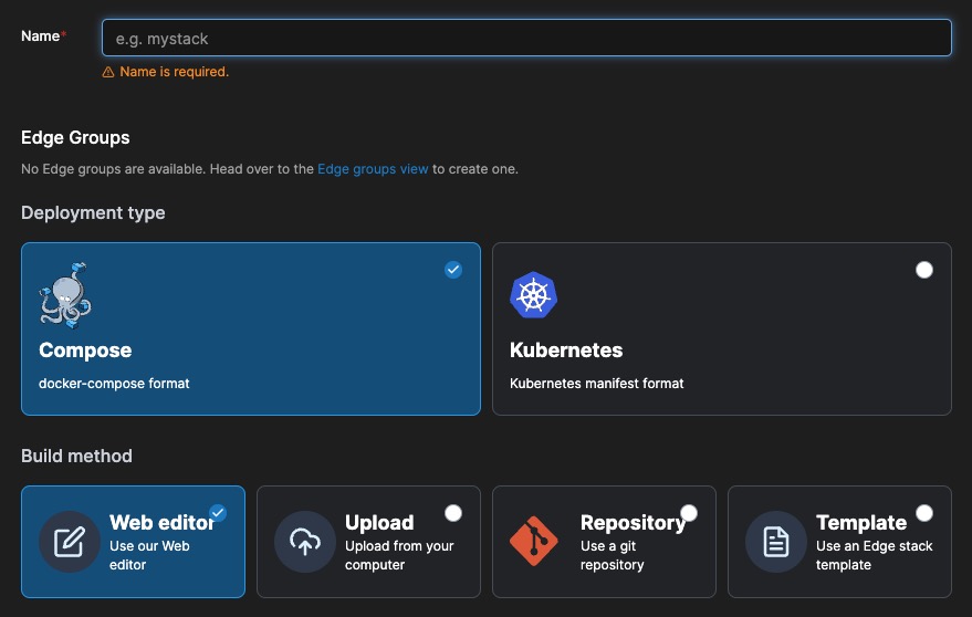 Portainer stack screen