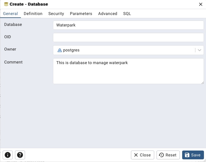 PostgreSQL create database screen