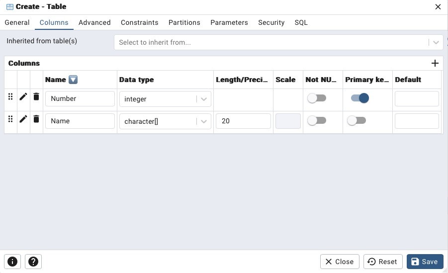PostgreSQL create table screen