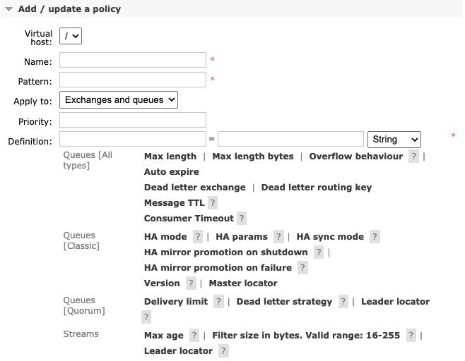 RabbitMQ Adding policy screen