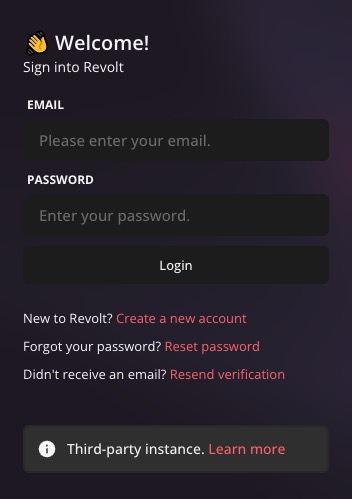 Revolt Login screen