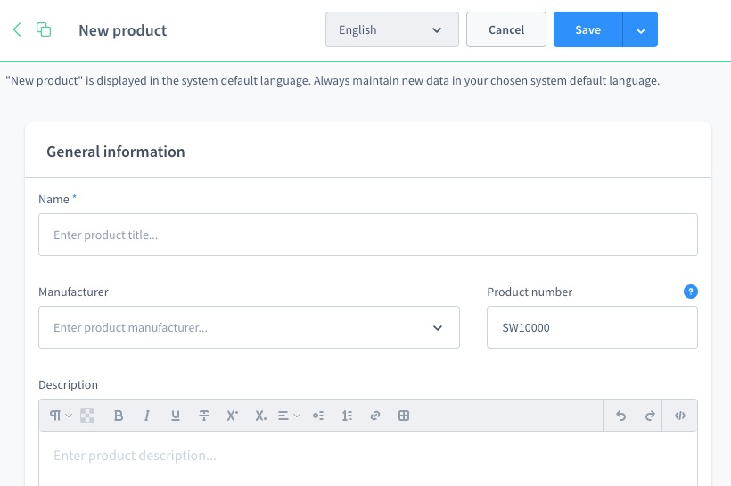 Shopware new product screen