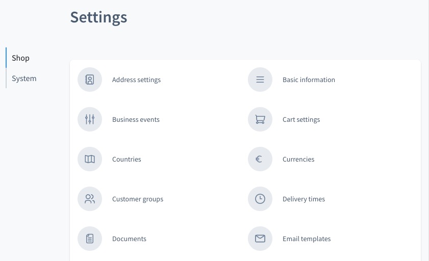 Shopware settings screen