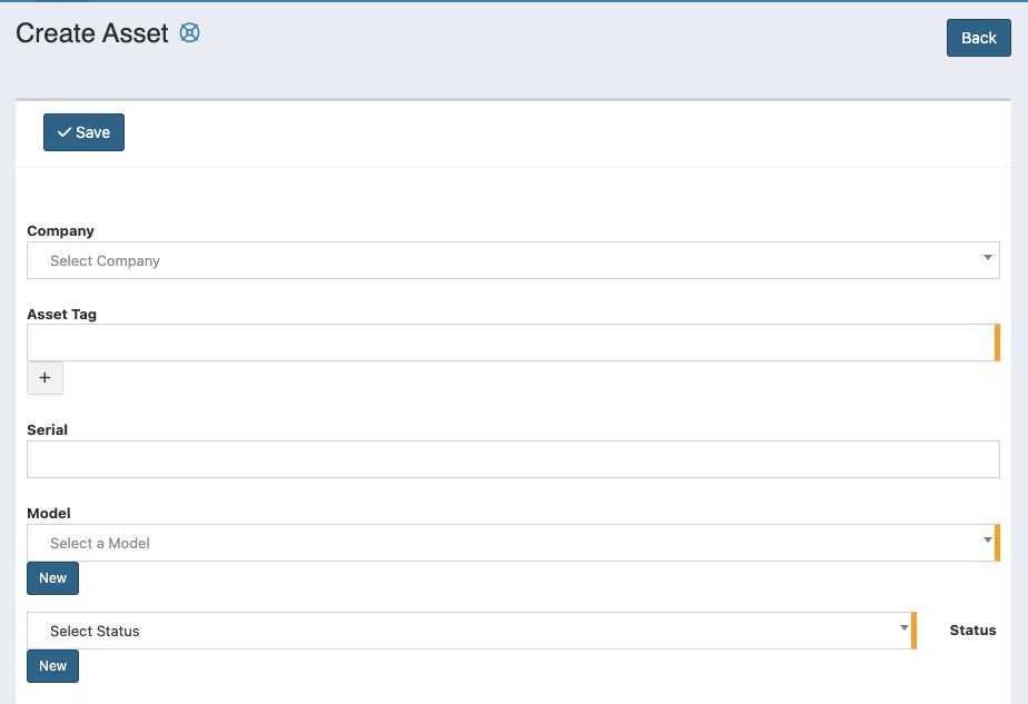 Snipe-IT Create Asset Screen