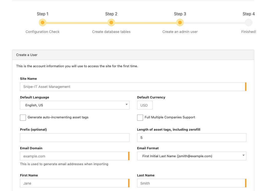 Snipe-IT Setup Account Screen