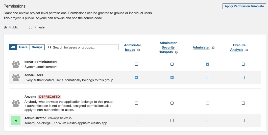 SonarQube permissions screen