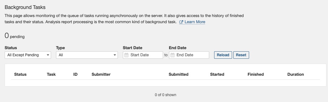SonarQube tasks screen
