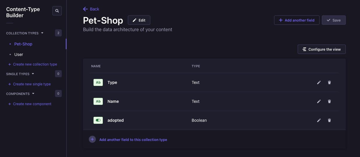 Strapi content type builder screen