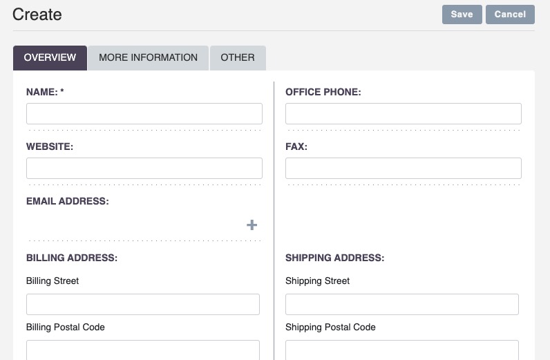 SuiteCRM Creating account screen