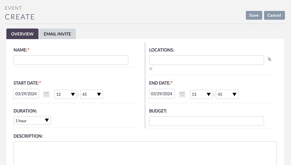 SuiteCRM Creating event screen