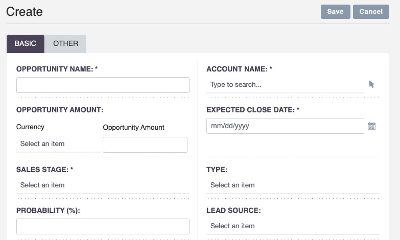 SuiteCRM Creating opportunities screen