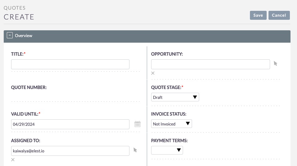 SuiteCRM quotes screen