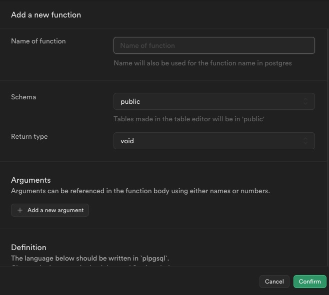 Supabase Creating function screen