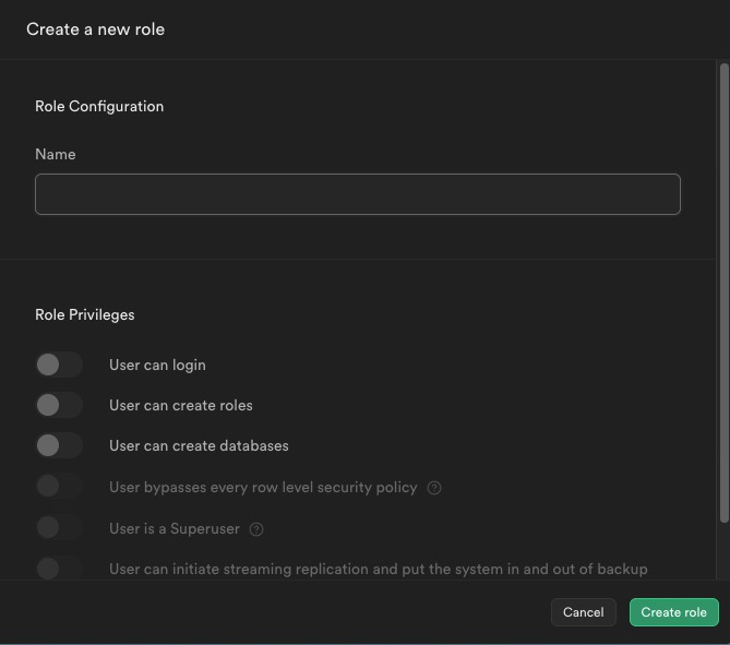 Supabase Creating role screen