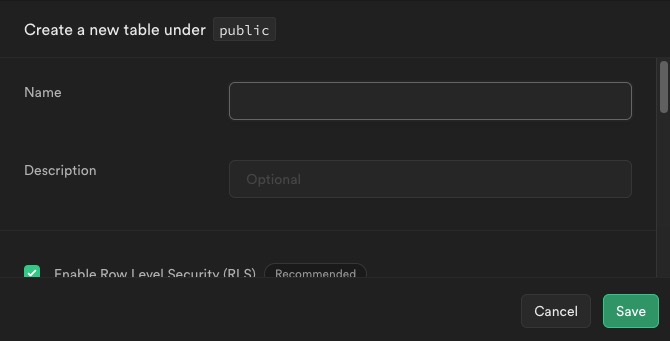 Supabase Creating table screen
