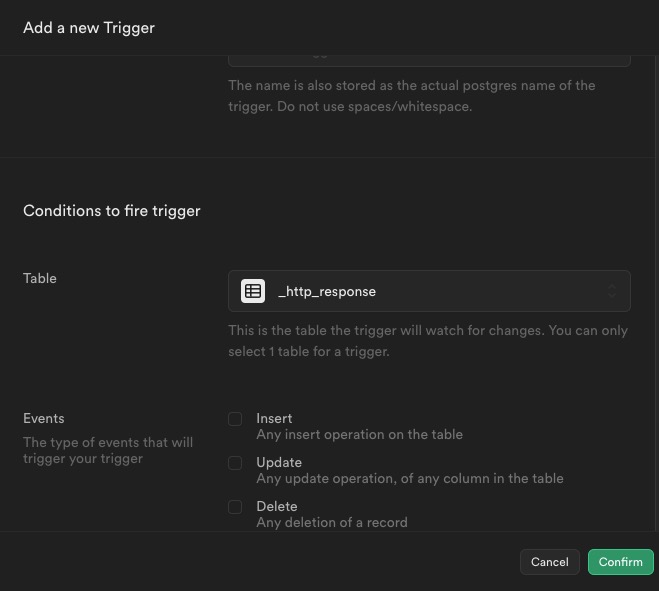 Supabase Creating trigger screen